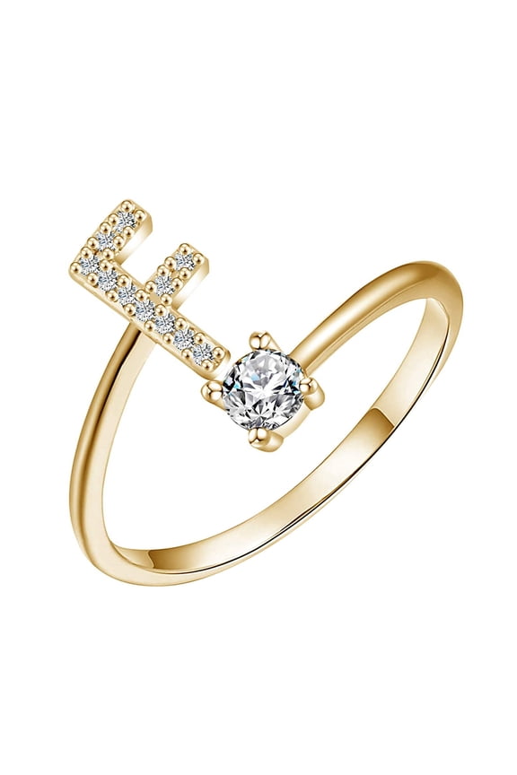Initial Letter Ring, 1pc Gold Stackable Alphabet Rings, Adjustable Cubic-Zirconia Inlaid Initial Rings for Women Holiday Party Gift (F)