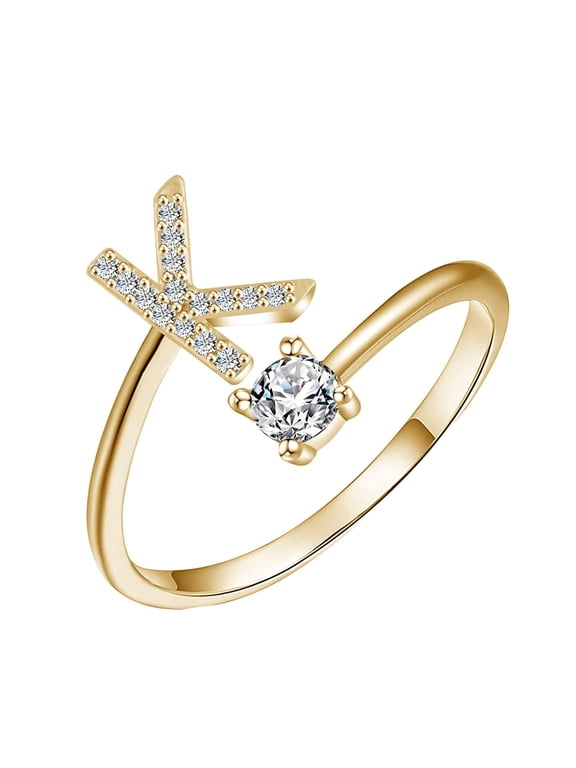 Initial Letter Ring, 1pc Gold Stackable Alphabet Rings, Adjustable Cubic-Zirconia Inlaid Initial Rings for Women Holiday Party Gift (K)