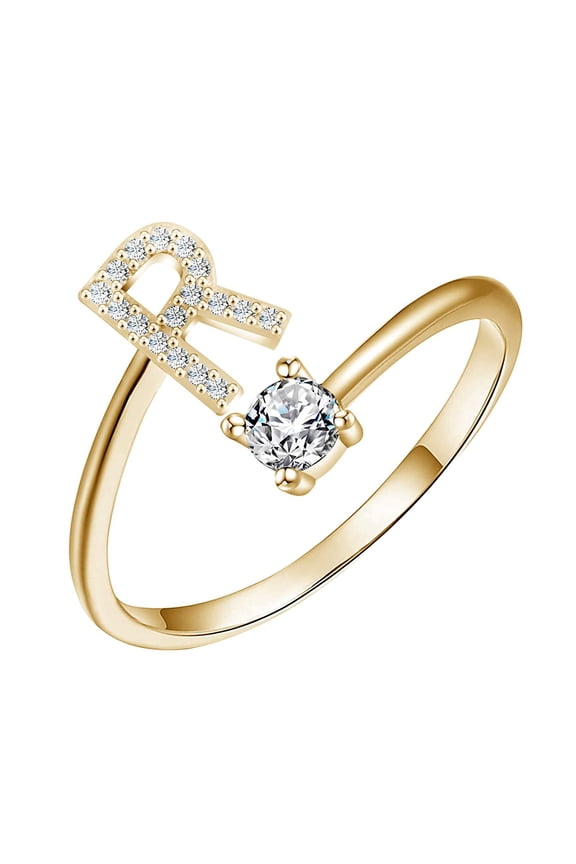 Initial Letter Ring, 1pc Gold Stackable Alphabet Rings, Adjustable Cubic-Zirconia Inlaid Initial Rings for Women Holiday Party Gift (R)