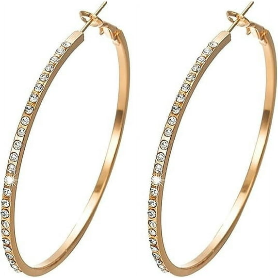 Fiaya Women Large Rhinestone Hoop Earrings, 1Pairs Sparkly Big Cubic Zirconia Earrings, Thin Rhinestones Round Hoop Earrings for Women (Gold)