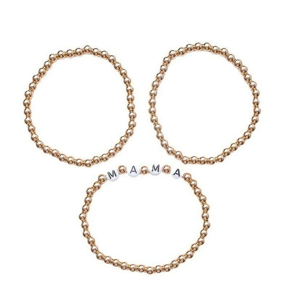 Fiaya Women MAMA Stackable Bracelet Set, 3Pcs Layered Beaded Stretch Bracelets, Dainty Letter Elastic Bracelets for Mother's Day Birthday Jewelry Gift, 6.29-12.59inch (Gold)