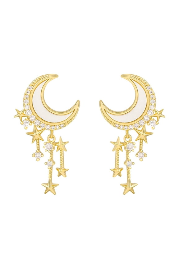 Moon Star Earrings Stud, Shiny Tassel Dangle Drop Earrings, Fashion Jewelry Gifts for Women Teens (B)