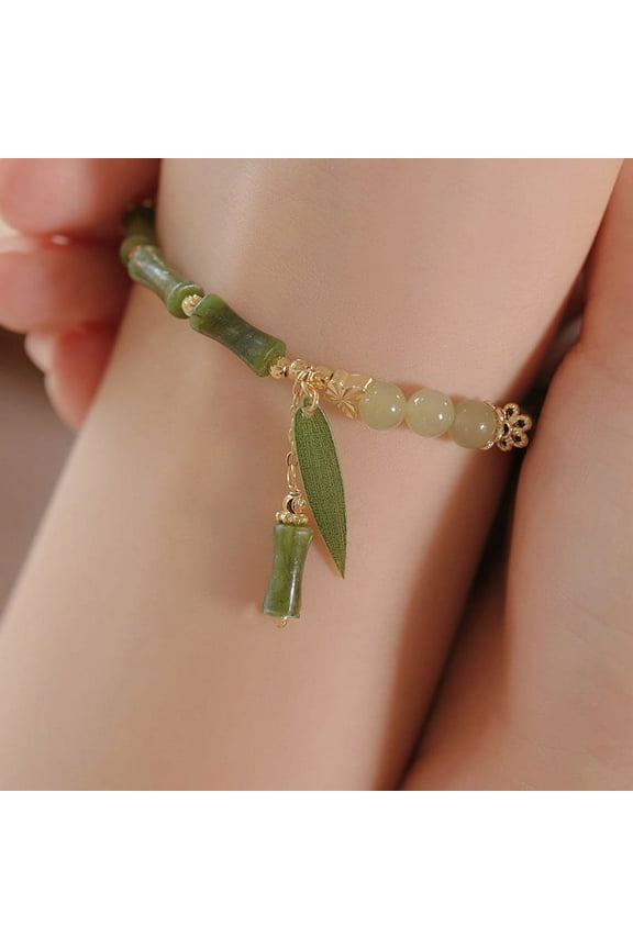 Natural Jade Bamboo Bracelet, 1Pc Retro Exquisite Green Joint Bracelet, Fashionable Versatile Beaded Bracelet for Women Birthday Valentine Mother's Day (A)