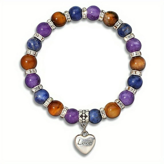 Fiaya Women Natural Stone Beaded Bracelet, 1Pc Adjustable Heart Charm Bracelet, Fasion Jewelry Gift for Women Birthday Valentine Mother's Day
