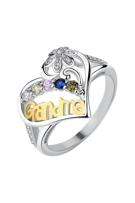 Personalized Grandma Heart Ring, 1pc Flower Decor Ring with Color Birthstones,Jewelry Gift for Mother’s Day Christmas (Multicolor-5)