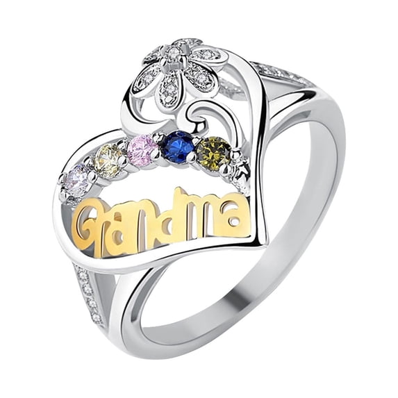 Fiaya Women Personalized Grandma Heart Ring, 1pc Flower Decor Ring with Color Birthstones,Jewelry Gift for Mother’s Day Christmas (Multicolor-8)