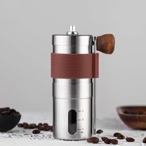 Fiaya Women Portable Manual Coffee Grinder, 1Pc Mini Stainless Steel Hand Coffee Grinder, Adjustable Settings with Brown Anti Slip Sheath for Home Office Travel (Silver)