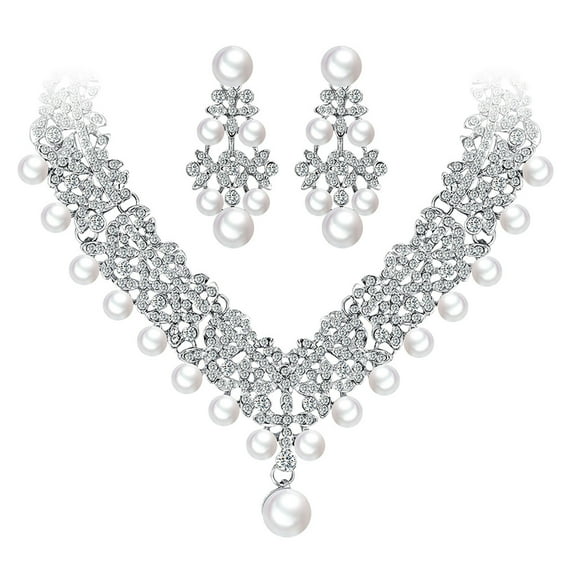 Fiaya Women Rhinestones Pearl Jewelry Set of 3, Artificial Crystal Zirconia Earrings Necklace Set, Jewelry Accessories for Women Anniversary Gift (C)