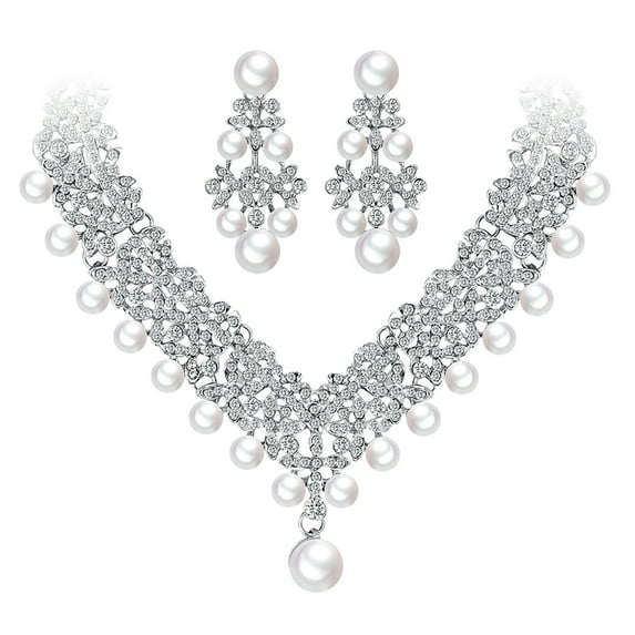 Fiaya Women Rhinestones Pearl Jewelry Set of 3, Artificial Crystal Zirconia Earrings Necklace Set, Jewelry Accessories for Women Anniversary Gift (C)