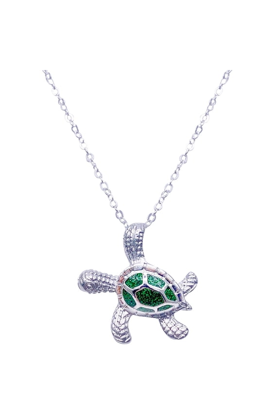 Sea Turtle Pendant Necklace for Women Men Silver Plated Link Chain Animal Jewlery (Green)