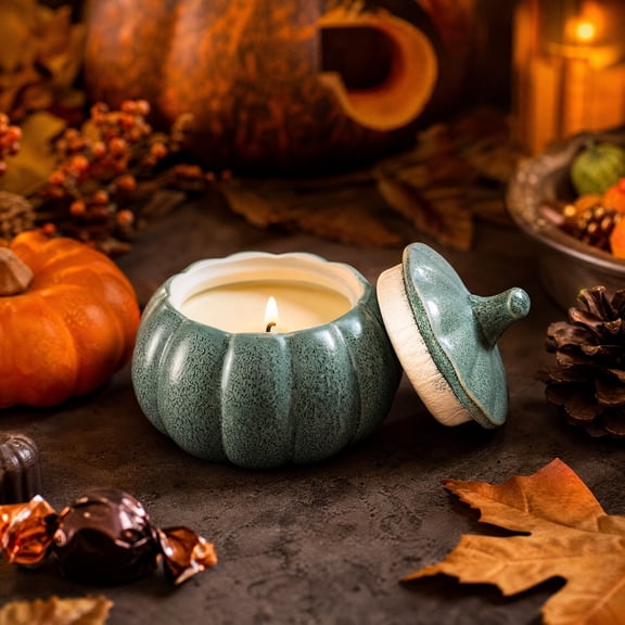 Fiaya Women Thanksgiving Pumpkin Shaped Ceramic Candle Holder, Vintage Scented Candle Holder with Lid, Rustic Fall Tabletop Decor for Home Mantel Entryway Blue, 3.54x1.97 in