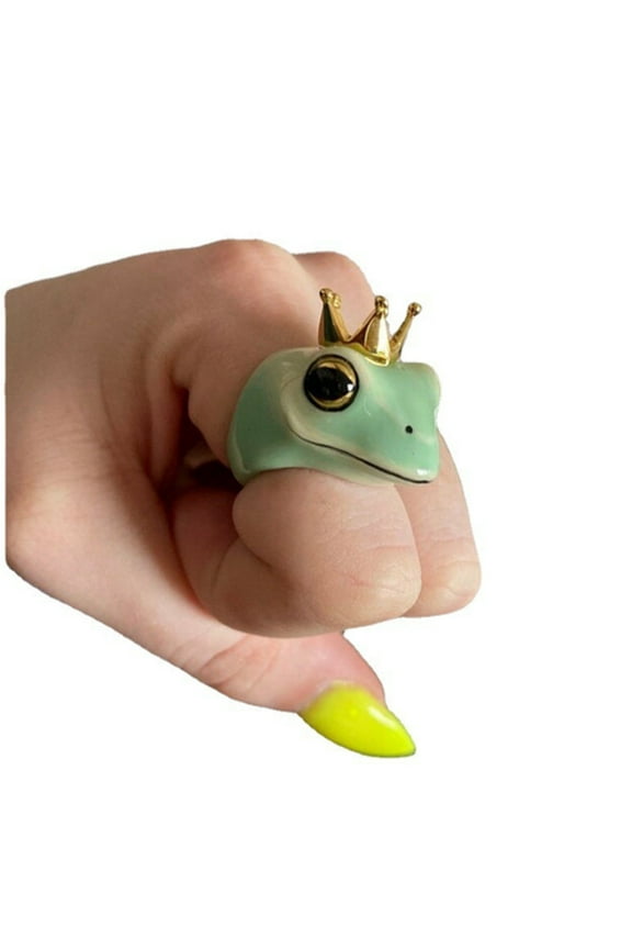 Vintage Crown Frog Rings, 1pc Personalized Funny Frog Rings, Cute Animal Bands for Women Men Fashion Party Jewelry (Green-8)