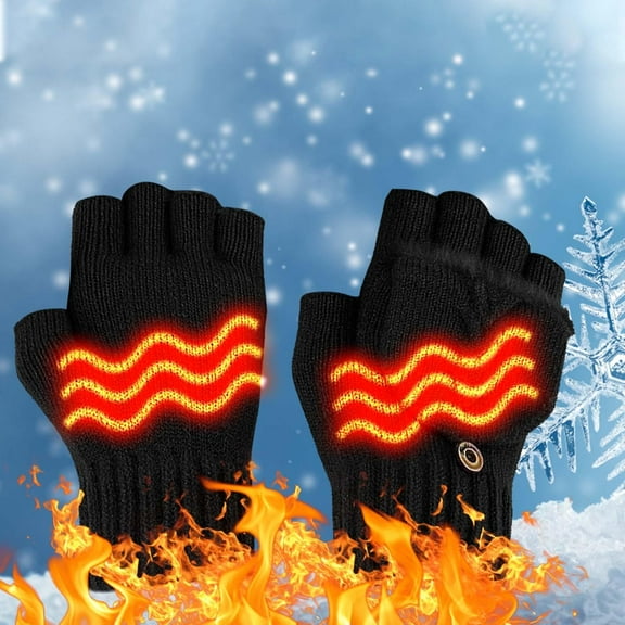 Fiaya Women Winter Warm Heated Gloves, Portable USB Fingerless Hand Warmers, 1pair Intelligent 5V Electric Gloves with Button for Teen Women Girls Riding Skiing (Black-Double Sided Heating)