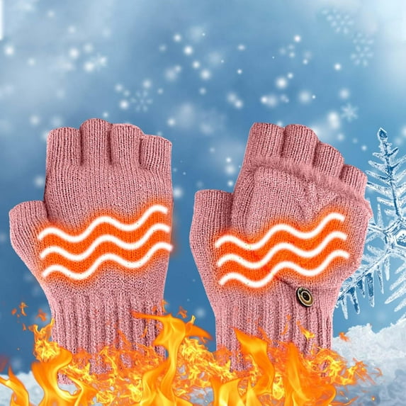 Fiaya Women Winter Warm Heated Gloves, Portable USB Fingerless Hand Warmers, 1pair Intelligent 5V Electric Gloves with Button for Teen Women Girls Riding Skiing (Hot Pink-Single Sided Heating)