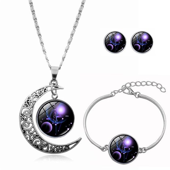 Fiaya Women Zodiac Moon Jewelry Set of 4, 12 Constellation Necklace Bracelet with Earrings Set, Jewelry Accessories for Women Men (Libra)