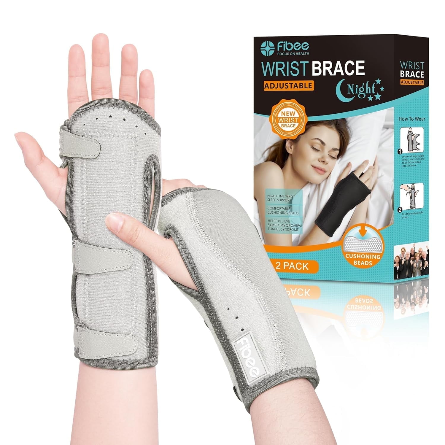 Fibee 2 Pack Wrist Brace, Carpal Tunnel Wrist Brace Night Support, Wrist Splint with Cushioned Beads Padded, Grey