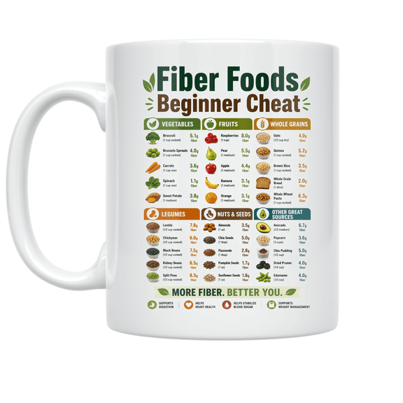Fiber Foods Beginner Cheat Sheet - Health Enthusiast - 11 oz Ceramic Coffee Mug