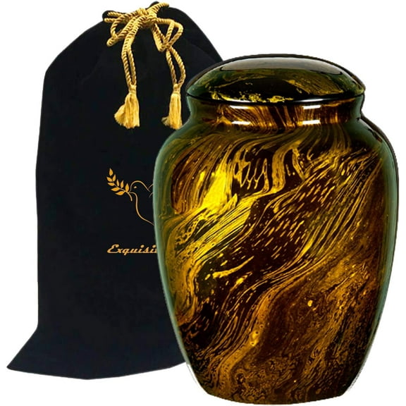 Fiber Glass Cremation Urn - Marbling Adult Urn - Handcrafted Light weighed Adult Funeral Urn for Ashes - Great Deal Free Velvet Bag and Ash Bag (Gold)