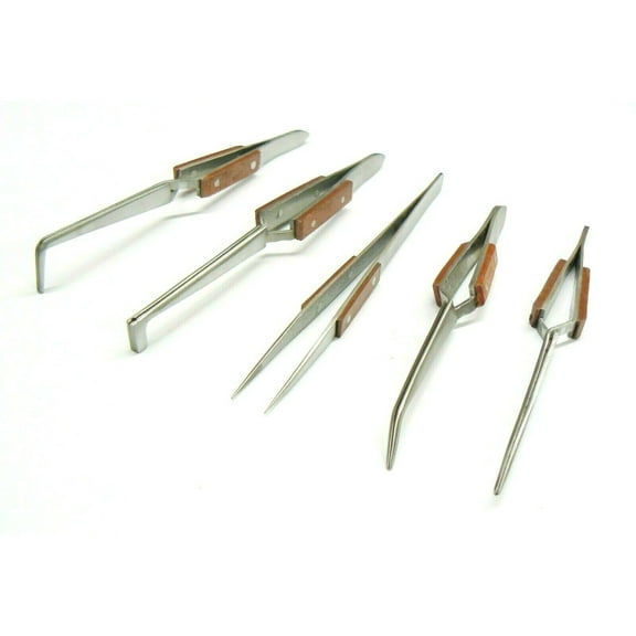 Fiber Grip Tweezers Jewelry Hobby Craft Soldering Fiber Grip Cross Locking Set Bent and Straight Tip 5 PCS By JTS