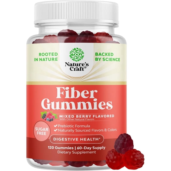 Natures Craft Prebiotic Fiber Gummies for Adults, Immunity & Digestive Support, Mixed Berries,120 Ct