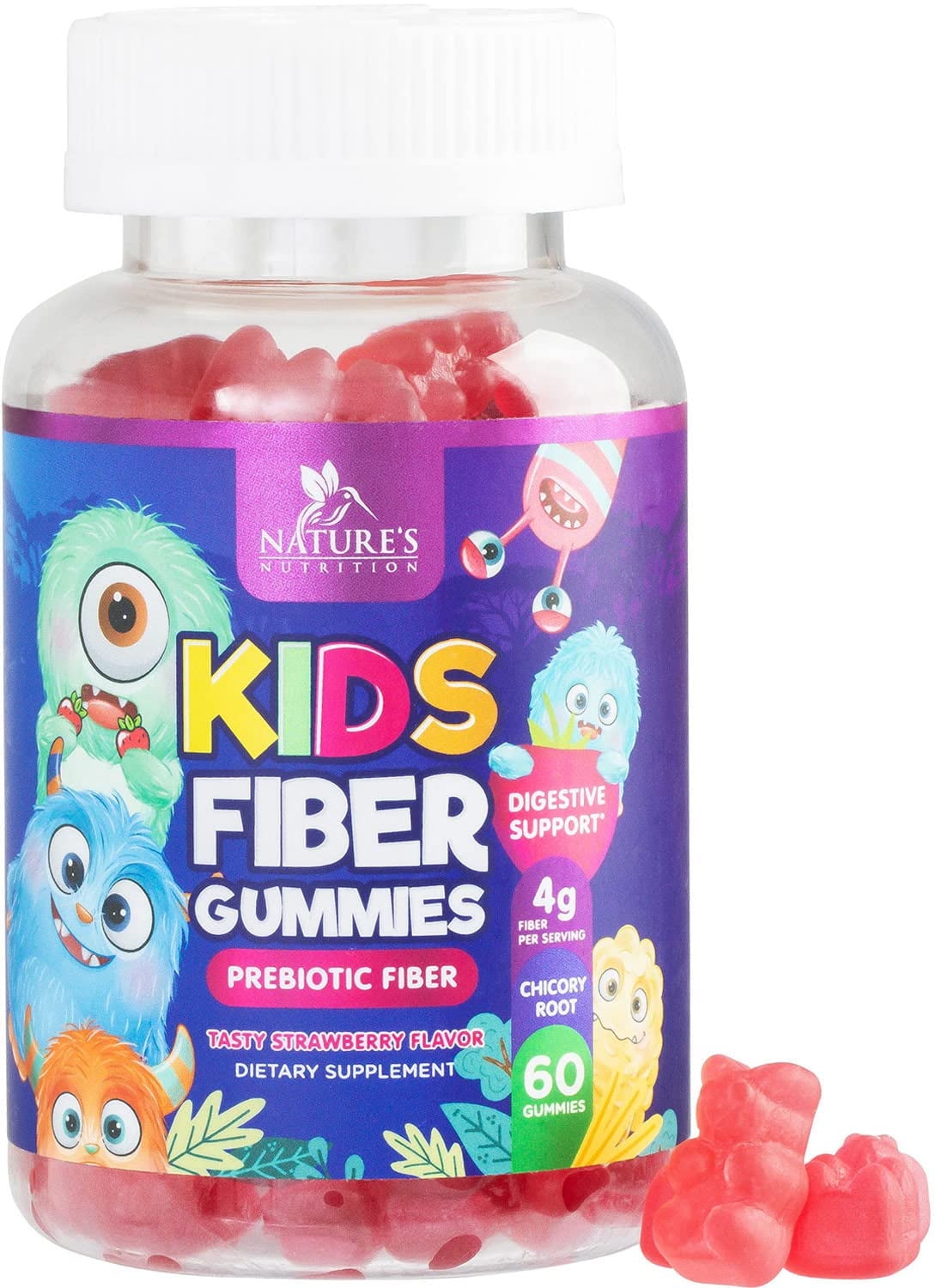 Fiber Gummies for Kids, Daily 4g Gummy Fiber Supplement, Prebiotic Digestive Health Support - Nature's Plant Based Soluble Fiber, Supports Regularity & Digestion for Kids Non-GMO - 60 Gummies