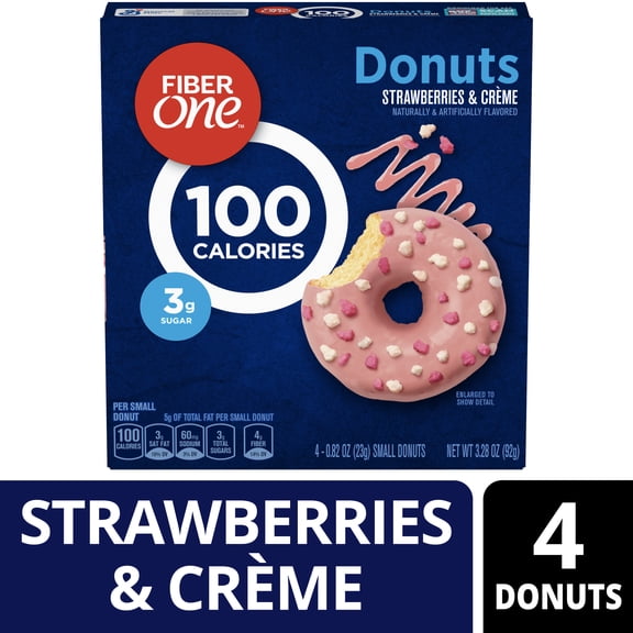 Fiber One 100 Calorie Donuts, Strawberries and Creme, 3g Sugar, 4 Count, 3.28 oz