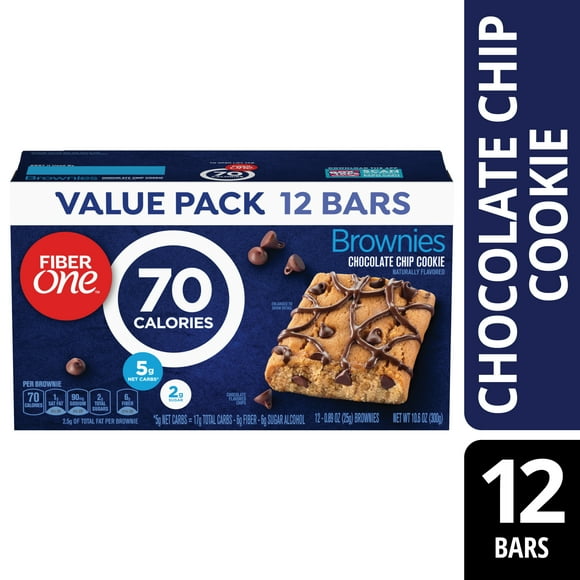 Fiber One 70 Calorie Brownies, Chocolate Chip Cookie, 2g Sugar, Value Pack, 12 Count, 10.6 oz