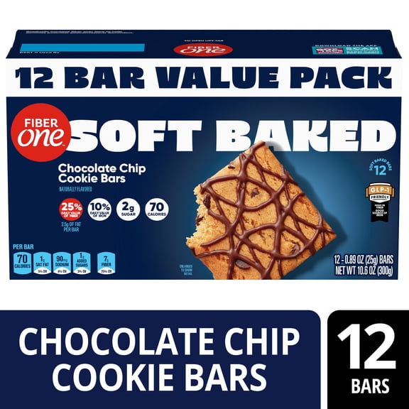 Fiber One Soft Baked Chocolate Chip Cookie Bars, Fiber Snacks, Value Pack, 12 Ct, 10.6 oz