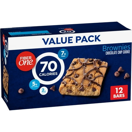 Fiber One 70 Calorie Brownies, Chocolate Chip Cookie, 2g Sugar, Value Pack, 12 Ct, 10.6 oz