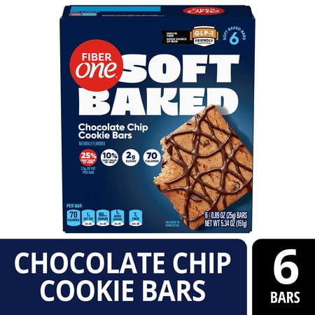 Fiber One Soft Baked Chocolate Chip Cookie Bars, Fiber Snacks, 6 Ct, 5.34 oz