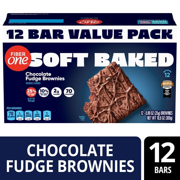 Fiber One Soft Baked Chocolate Fudge Brownies, Fiber Snacks, Value Pack, 12 Ct, 10.6 oz