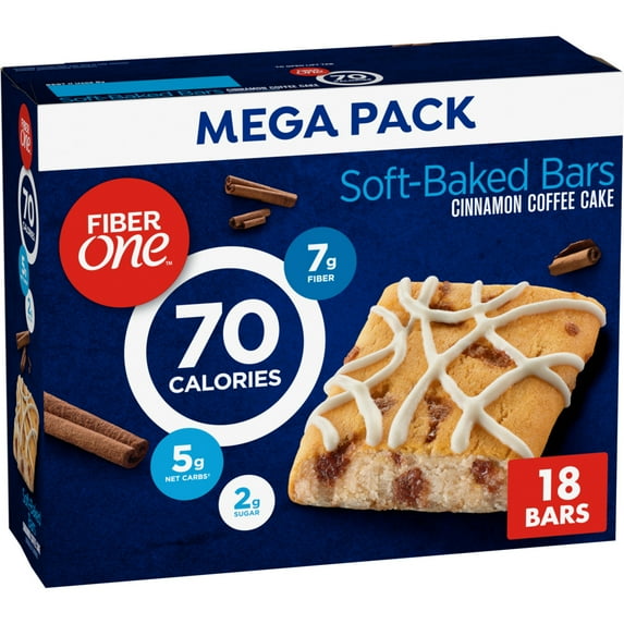 Fiber One 70 Calorie Soft Baked Bars, Cinnamon Coffee Cake, Mega Pack, 18 Ct, 16 oz