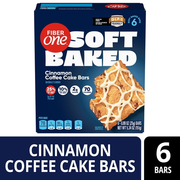 Fiber One Soft Baked Cinnamon Coffee Cake Bars, Fiber Snacks, 6 Ct, 5.34 oz