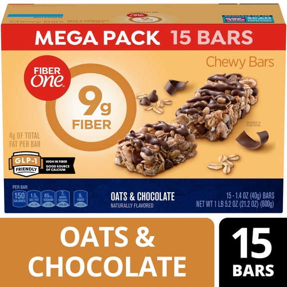 Fiber One Chewy Bars, Oats and Chocolate, Fiber Snacks, Mega Pack, 15 Count, 21.2 oz