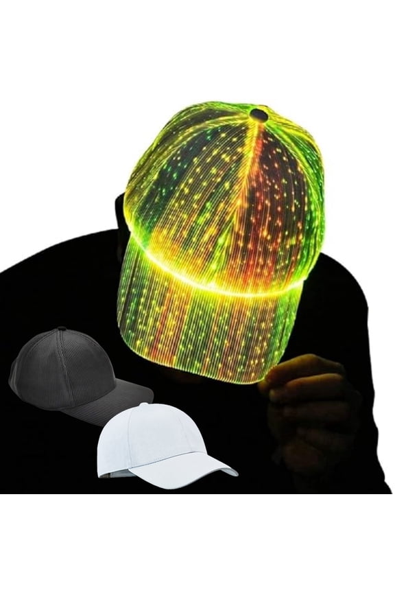 Fiber Optic LED Baseball Cap | 7 Color Luminous Glowing Hat | USB Rechargeable | Adjustable Unisex Design | Light Up Party Event Cap | Polyester Material | 1 Pack | 7x13cm