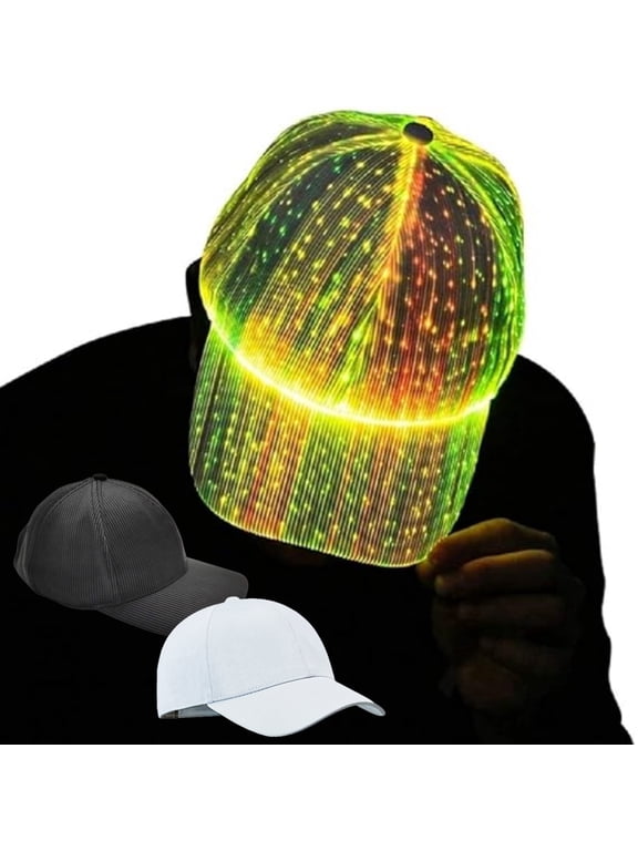 Fiber Optic LED Baseball Cap | 7 Color Luminous Glowing Hat | USB Rechargeable | Adjustable Unisex Design | Light Up Party Event Cap | Polyester Material | 1 Pack | 7x13cm