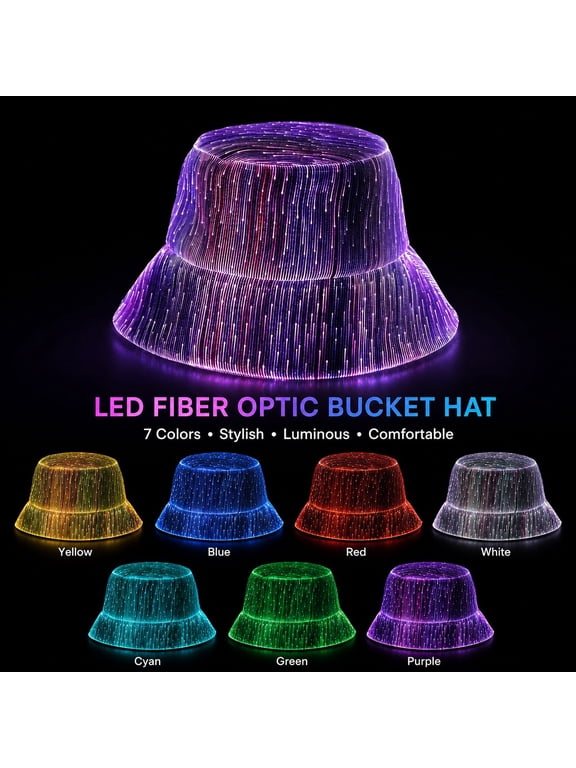 Aiwou Fiber Optic LED Bucket Hat for Men Women, USB Rechargeable 7 Color Light Up Hat, Rave Festival Party Accessory, Black