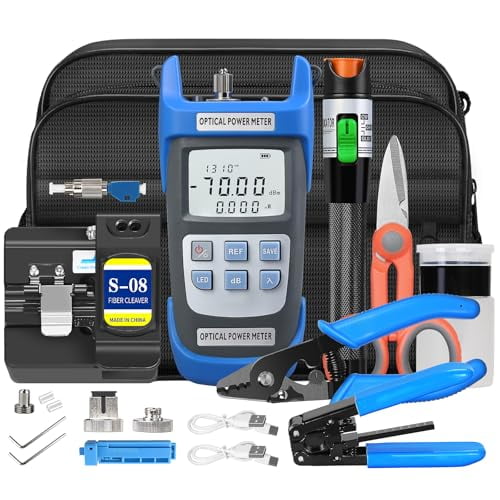 Fiber Optic Terminal kit 10-in-1 FTTH Tool kit Equipped with S-08 Optical Fiber Cleaver and Rechargeable Optical Power Meter A-C710A (-70~!0dBm) Well as Stripper Fibre Tool kit