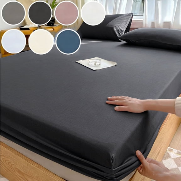 Fiber Sheet 220x200cm Double Bed Fitted Sheet Black Polyester Stretch Mattress Cover with Non-Slip Elastic for Mattress Protection(1-Piece) Rkxzt