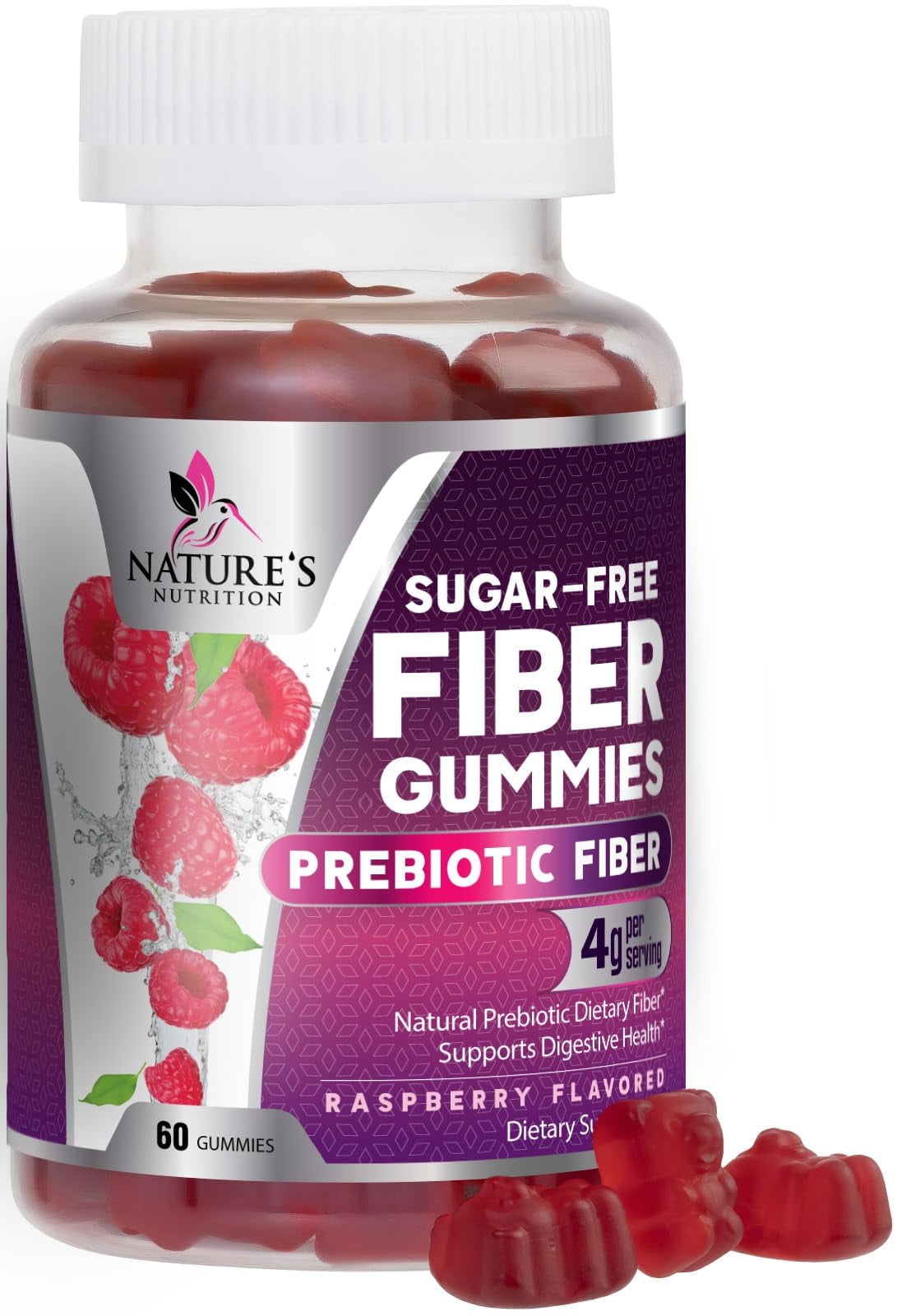 Prebiotic Fiber Gummies 4g - Sugar Free Gummy Fiber Supplement for Adult's Digestive Health & Regularity Support - Natural Raspberry Flavor, Plant Based Blend, Non-GMO & Gluten Free - 60 Gummies
