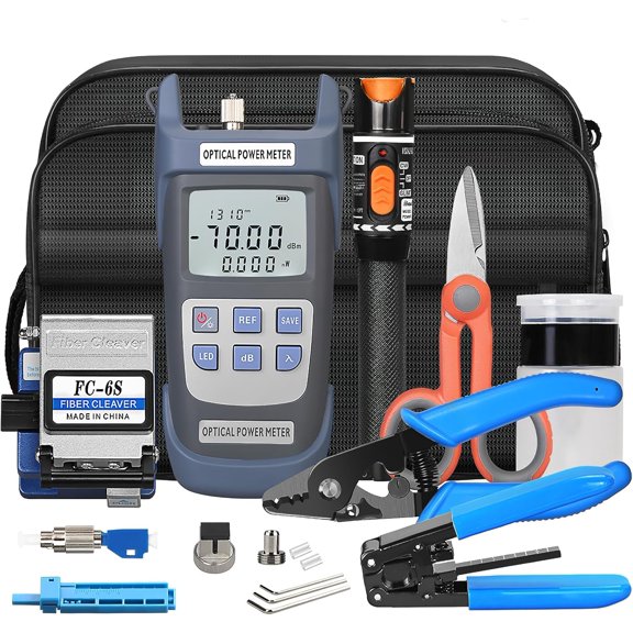 Fiber Termination Kit - 11 in 1 Assembly FTTH Cold Connection Assembly Tool kit with OPM 6S Cleaver-Fiber Optical Stripper Pliers FC to LC Adapter