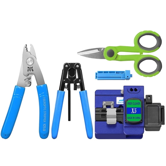 Fiber Termination Tool Kit, X5 Fiber Cleaver 5-in-1 FTTH Fiber Tool Set | 3-Hole Wire Stripper & Leather Cable Stripper, Portable Fiber Optic Cutting Tools, for Network Wiring, Fusion Installation