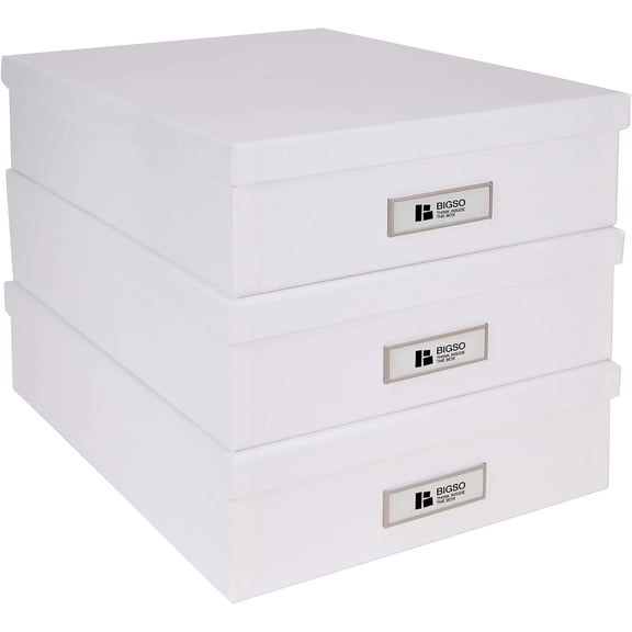 Fiberboard Label Frame Document Box with Lid and Metal Label Window - 3.3 in x 10.2 in x 13.8 in - 3 Pack - White