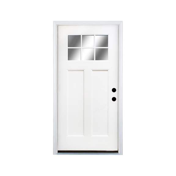 Fiberglass Entry Door, 36'' x 80" Door with Brickmould,6-9/16 Vinyl Frame,White Primed, Left Hand Inswing, Front Entry Knock-Down Door, 2-Panel Craftsman, 6-Lite Low-E Glass