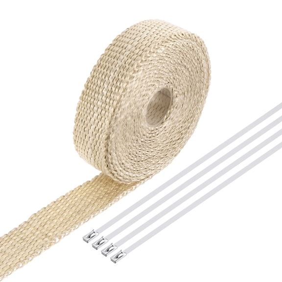 Uxcell Fiberglass Exhaust Wrap Tape,1"x16' Beige Header Heat Wrap with 4 Stainless Ties