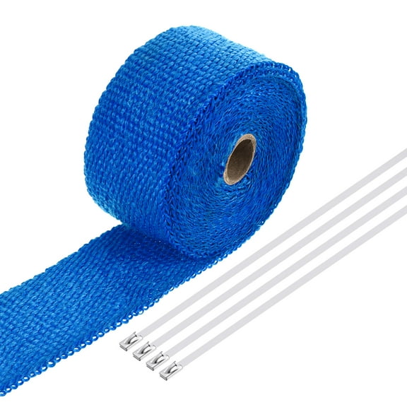 Uxcell Fiberglass Exhaust Wrap Tape 2"x16.4' Blue Header Heat Wrap with 4 Stainless Ties