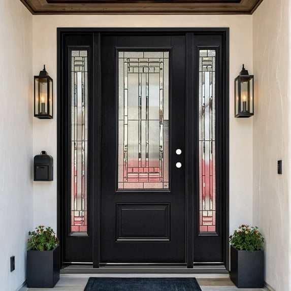 Fiberglass Front Door 68" x 80" with Two 14" Sidelites ，Traditional Design with Decorative Glass， Black Finish for Home Exterior