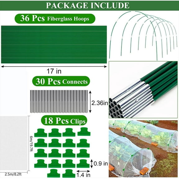 Fiberglass Garden Hoops with Insect Netting - Rust-Proof Plant Support Frame for DIY Wider Tunnel, Durable Greenhouse Cover for Vegetables, Strawberries, Flowers, Protection from Birds, Pests, Weather