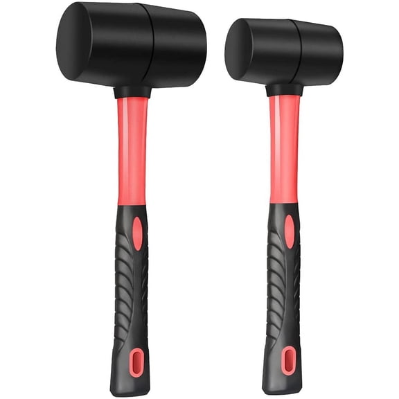 Fiberglass Handle Rubber Mallet Hammer Set, 8 OZ and 16 OZ, Soft Blow Tasks without Damage, Black with Red, 2 Packs