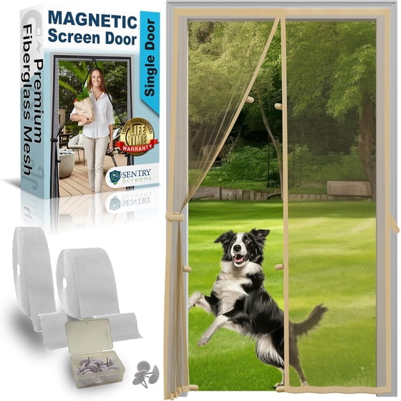 Fiberglass Mesh Magnetic Screen Door Heavy Duty Self-Closing Hanging Net with Magnet Closures Fits Doors Up to 34"x82" Beige by